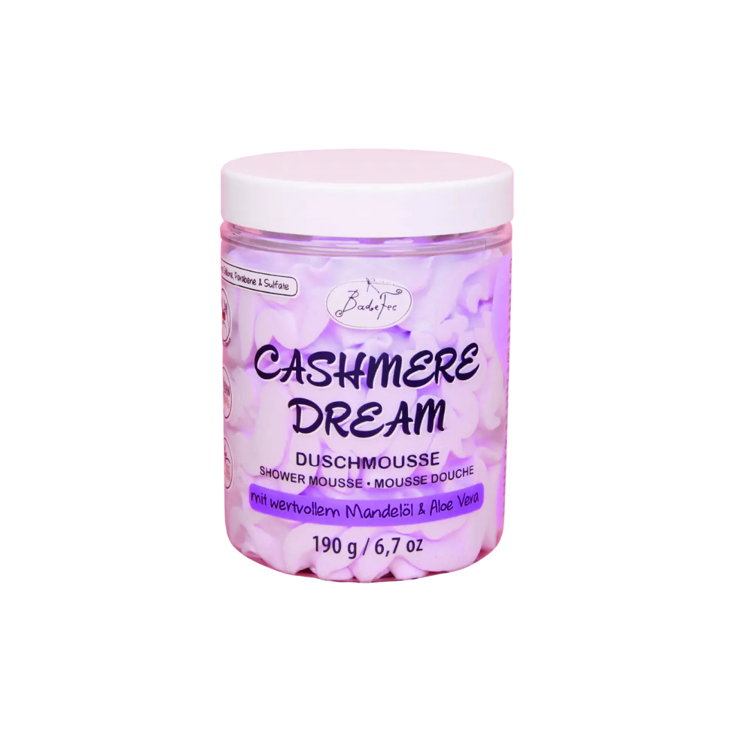 BadeFee Duschmousse Cashmere Dream – vegansk duschmousse med doft av kärnmjölk, 190g i krämig och lyxig formula för återfuktande rengöring.