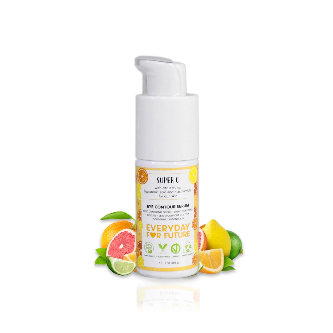 Everyday For Future Ögonkonturserum med C-vitamin – återfuktande och ljusnande serum mot mörka ringar och svullnader, med naturliga ingredienser och miljövänlig förpackning.