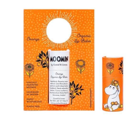 Ekologiskt läppbalsam med apelsindoft från Gustaf & Linnea i plastfri förpackning, perfekt för att återfukta och skydda torra läppar.