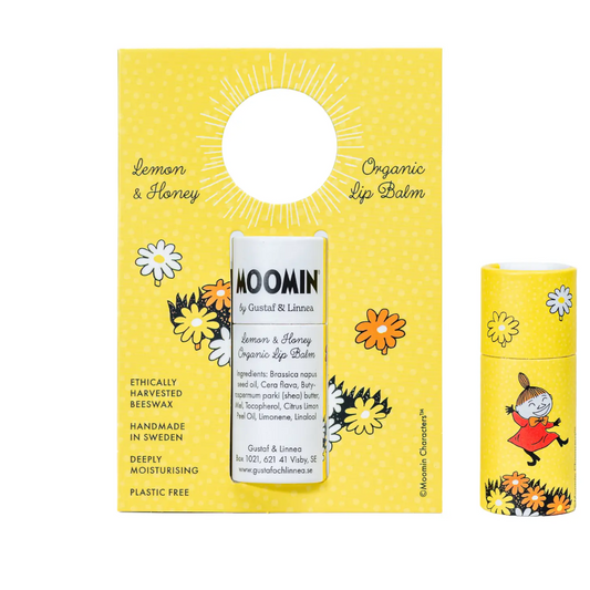 Ekologiskt läppbalsam med citron och honung från Gustaf & Linnea i plastfri förpackning, perfekt för att vårda och skydda torra läppar.