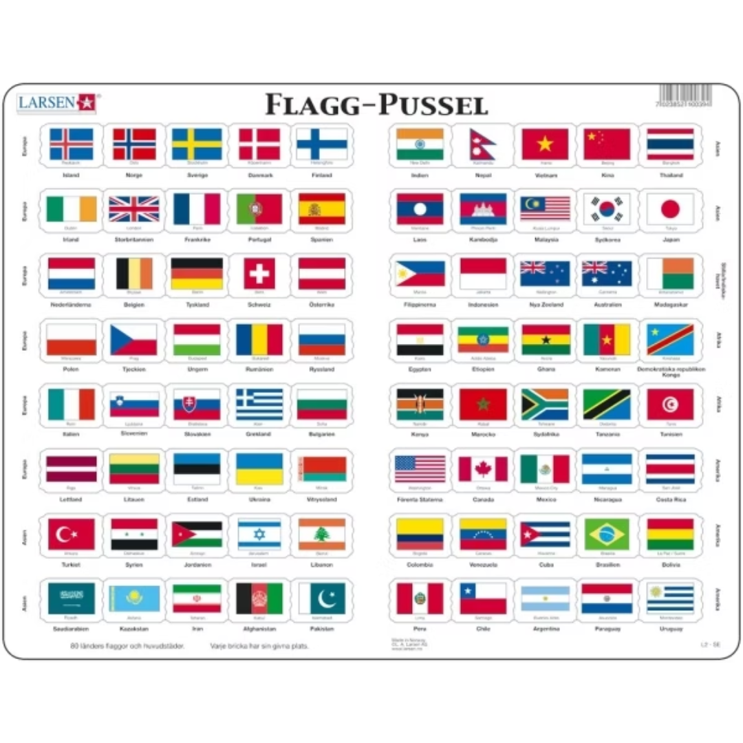 Pedagogiskt träpussel för barn som lär om världens flaggor, med 80 bitar