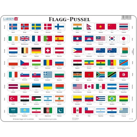 Pedagogiskt träpussel för barn som lär om världens flaggor, med 80 bitar