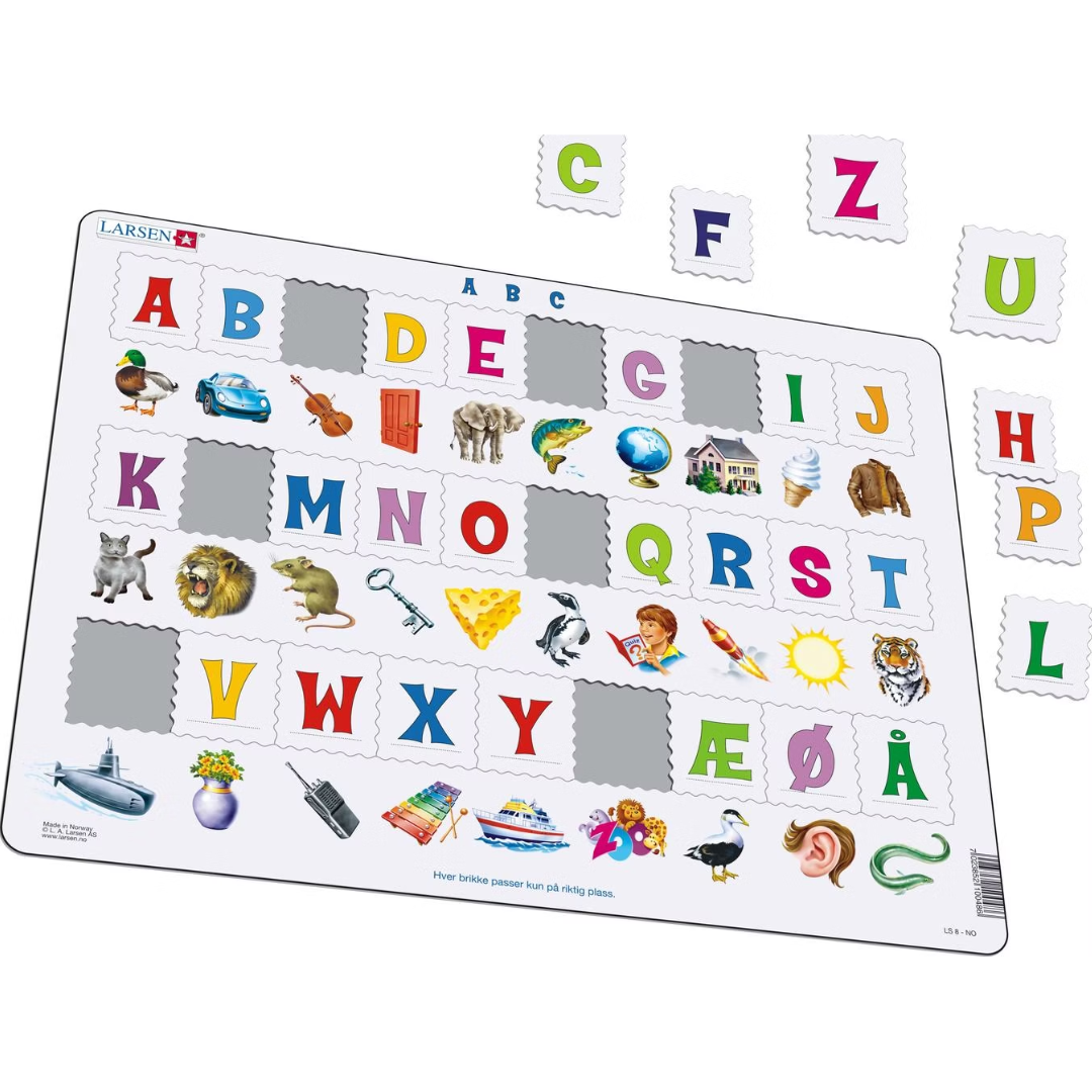 Pedagogiskt träpussel för barn att lära alfabetet, med färgglada bitar