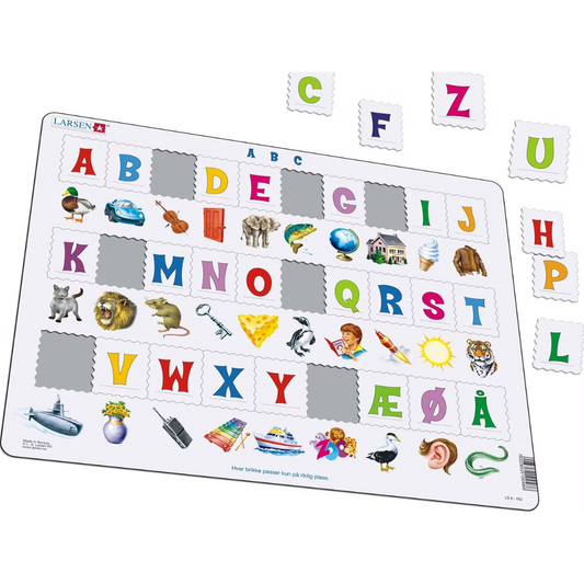 Pedagogiskt träpussel för barn att lära alfabetet, med färgglada bitar