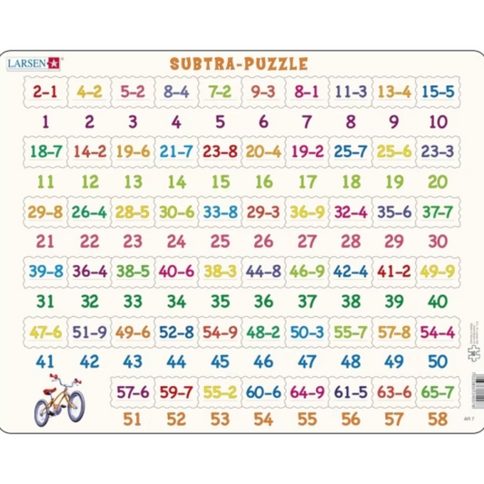 Pedagogiskt träpussel för barn som lär sig subtraktion upp till 18, med 81 bitar