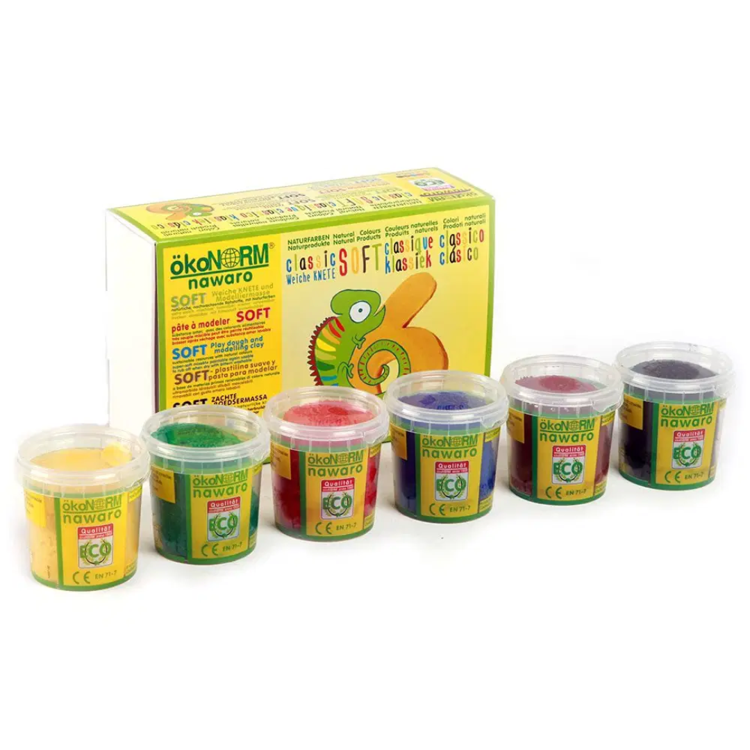 Sex burkar med ekologisk och giftfri modellera från ökoNORM i klara färger – gul, grön, röd, blå, brun och svart, perfekta för barns kreativitet