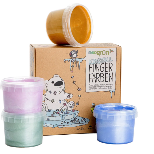 Ekologiska och veganska kristallfingerfärger "Mika" för barn, i 4 gnistrande färger inspirerade av ädelstenar.