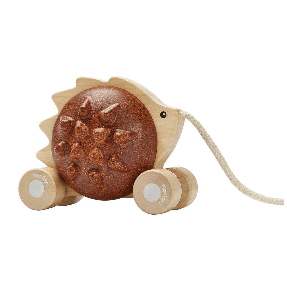 Dragleksak i form av en brun igelkott med snurrande taggar och bjällra, perfekt för att utveckla motorik och balans hos barn.