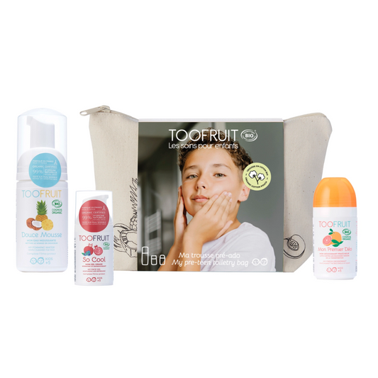 Ekologiskt hudvårdskit för barn och unga med ansiktsrengöring, återfuktande gelkräm och deodorant.
