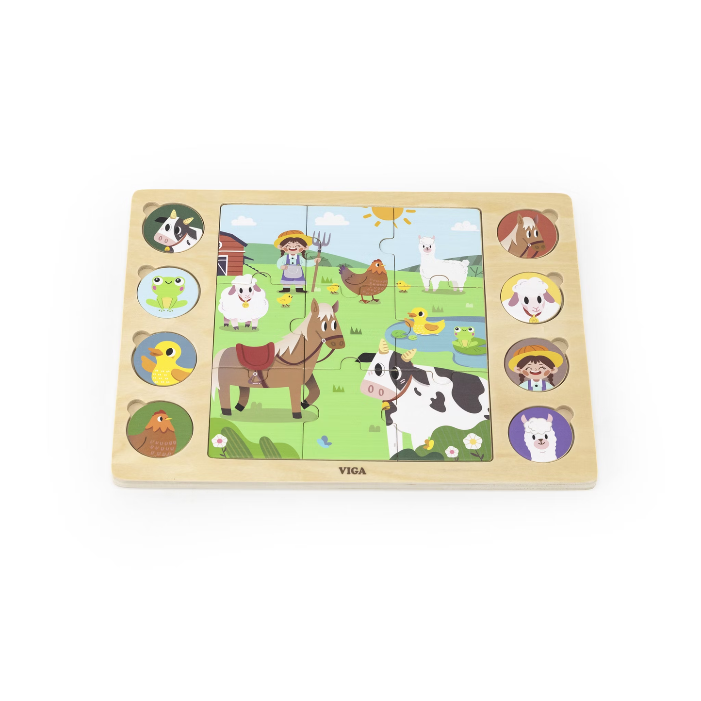 VIGA Pussla och Matcha på Landet – träpussel med lantdjur för barn, lär dem om djur och ljud