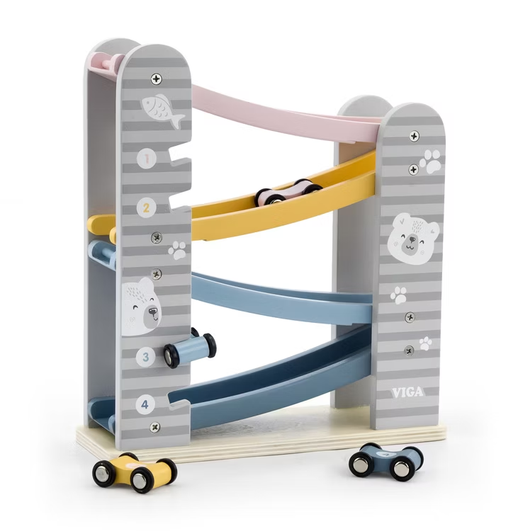 VIGA Träslider Bilbana – träleksak med tre racerbilar som rullar ner för underhållning och lärande