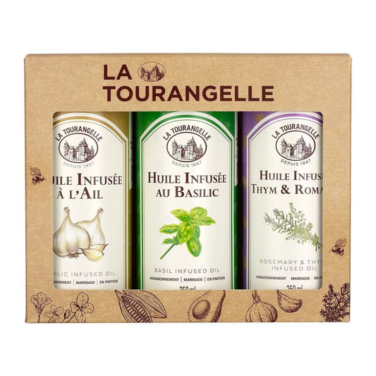 La Tourangelle Infused Trio 3x250 ml – basilika, vitlök & timjan-rosmarin oljor i presentförpackning